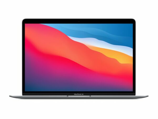 Das Bild zeigt das Apple MacBook Air Ret. 13" (2020) von vorne mit geöffnetem Deckel und angeschaltetem Bildschirm, der das farbenfrohe Hintergrundbild von macOS darstellt. Das Design des flachen und tragbaren Laptops mit der typischen schwarzen Tastatur und den schmalen schwarzen Rändern um den Bildschirm wird präsentiert. Das Bild dient dazu, das Produkt ästhetisch ansprechend darzustellen und dem potenziellen Kunden einen klaren Eindruck vom Design und Aussehen des Geräts zu vermitteln.