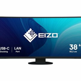 Das Bild zeigt den EIZO FlexScan EV3895-BK, einen 37,5-Zoll Curved-Ultrawide-Monitor. Auf dem Monitorbildschirm sind hervorstechende Merkmale des Produkts wie USB-C Docking und ein LAN-Port dargestellt, ebenso wie die Bildschirmdiagonale von 38 Zoll bzw. 95,3 cm. Der Zweck des Bildes ist es, den Monitor als Produkt zu präsentieren und einige seiner Schlüsselfunktionen visuell hervorzuheben.