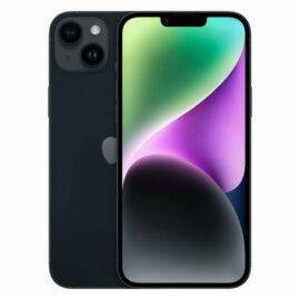 Das Bild zeigt das Apple iPhone 14 Plus mit 256 GB in der Farbe Mitternacht. Zu sehen ist die Vorder- und Rückseite des Smartphones, mit dem charakteristischen Display mit Notch an der oberen Kante und einer Dual-Kamera-Konfiguration auf der Rückseite. Das Design vermittelt einen minimalistischen und modernen Eindruck, der typisch für Apple-Produkte ist. Der Zweck des Bildes ist es, das Design und die Farbe des Geräts zu präsentieren, vermutlich für einen Test oder eine Bewertung des iPhones.