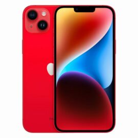 Das Bild zeigt ein Apple iPhone 14 Plus in der Farbe (PRODUCT) Red mit 128 GB Speicher. Das Telefon ist von vorne sichtbar, mit einem charakteristischen großen Bildschirm, der nahezu die gesamte Front abdeckt und an der oberen Kante eine kleine Aussparung für den Lautsprecher und die Frontkamera aufweist. Auf der Rückseite befinden sich zwei Kameras in einer erhöhten, quadratischen Ausbuchtung. Der Zweck des Bildes ist es, das Design und die Farbe des Produktes hervorzuheben, sowie dem Betrachter einen Eindruck vom Aussehen des iPhone 14 Plus zu vermitteln.