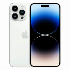 Das Bild zeigt ein Apple iPhone 14 Pro Max in der Farbe Silber mit einer Speicherkapazität von 512 GB. Das Smartphone ist frontal abgebildet, sodass das große Display, das mit einem auffälligen, dynamischen Hintergrund versehen ist, das zentrale Element des Bildes darstellt. Oben im Display ist die markante Aussparung zu erkennen, in der sich die Frontkamera und Sensoren befinden. Auf der Rückseite des Geräts sind die drei Kameralinsen innerhalb des Kameramoduls zu sehen. Das Bild dient dazu, das Design und einige Schlüsselfunktionen des iPhones zu präsentieren.