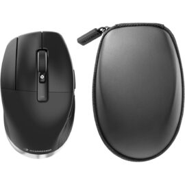 Das Bild zeigt den "CadMouse Pro Wireless Left" von 3Dconnexion, eine ergonomisch geformte, kabellose Maus für Linkshänder, neben einer passenden Tragetasche mit Reißverschluss. Die Maus ist schwarz mit dem Logo von 3Dconnexion und besitzt mehrere Bedienelemente, darunter ein Scrollrad und ein mittiges Knopfpad. Die Tragetasche scheint robust zu sein und dient dem Schutz und einfachen Transport der Maus.