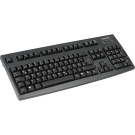 Das Bild zeigt eine G83-6105 Tastatur in schwarzer Farbe mit einem vollständigen Satz von Tasten, einschließlich Funktionstasten, Cursorsteuerungstasten und einem Ziffernblock. Das Layout entspricht einer Standard-QWERTZ-Tastatur, was für den Einsatz in deutschsprachigen Ländern typisch ist. Die Tastatur dient als Eingabegerät für Computer und andere digitale Geräte, um Texte zu schreiben und Befehle auszuführen.