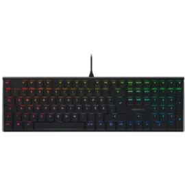 Das Bild zeigt eine 'MX 10.0N RGB Tastatur' in der Gesamtansicht von oben. Die Tasten sind beleuchtet, mit einem Farbverlauf, der von links nach rechts von Rot über Gelb, Grün zu Blau wechselt. Die Tastatur hat ein schwarzes Gehäuse und das Kabel ist oben mittig angebracht. Der Zweck des Bildes ist es, das Design und die RGB-Beleuchtung des Produkts zu demonstrieren.