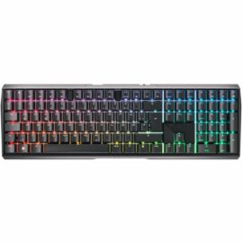 Das Bild zeigt eine Cherry MX 3.0S Wireless Gaming-Tastatur. Die Tastatur verfügt über eine RGB-Beleuchtung, die in verschiedenen Farben leuchtet, was ihre Eignung für Gaming-Umgebungen und individuelle Benutzeranpassungen hervorhebt. Das Layout der Tasten entspricht einem Standard-QWERTY-Design mit einer numerischen Tastatur auf der rechten Seite. Der Zweck des Bildes ist, das Design und die Merkmale der Tastatur, insbesondere die Beleuchtung, zu präsentieren.