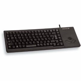 Das Bild zeigt das Cherry XS Trackball Keyboard G84-5400 in der Farbe Schwarz. Es ist eine kompakte Tastatur mit integriertem Trackball und Maustasten auf der rechten Seite, entworfen für platzsparendes Arbeiten oder für den Einsatz in Umgebungen mit beschränktem Platzangebot. Die Tastatur umfasst ein vollständiges QWERTZ-Layout mit Funktionstasten und ist über ein Kabel mit einem Computer verbunden.