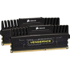 Das Bild zeigt zwei Module des Corsair Vengeance DIMM 16 GB DDR3-1600 Dual-Kit Arbeitsspeichers. Die Module sind schwarz mit einem markanten Heatspreader-Design, das Wärme effektiv ableitet und somit für eine zuverlässige Performance auch bei intensiver Nutzung sorgt. Auf den Heatspreadern ist das Corsair-Logo und der Schriftzug "Vengeance" deutlich sichtbar. Diese Arbeitsspeicher-Module sind für den Einsatz in Computern vorgesehen, wo sie in DIMM-Steckplätze auf dem Motherboard eingesteckt werden, um die Systemspeicherkapazität zu erweitern und das Multitasking sowie die allgemeine Systemleistung zu verbessern.