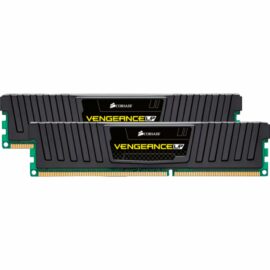 Das Bild zeigt zwei RAM-Module des Typs DIMM 16 GB DDR3-1600 (2x 8 GB) Dual-Kit, ein Produkt von Corsair aus der Vengeance LP-Serie. Diese Arbeitsspeichermodule werden verwendet, um die Leistung eines Computers durch Erhöhung des verfügbaren Speichers zu verbessern. Sie sind mit Kühlkörpern ausgestattet, die dabei helfen, die Wärme während des Betriebs abzuführen.