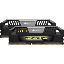 Das Bild zeigt ein Dual-Kit des Corsair Vengeance Pro Arbeitsspeicher mit 16 GB DDR3-1600, bestehend aus zwei 8 GB RAM-Modulen. Diese Speichermodule sind für den Einsatz in Computern konzipiert, um die Rechenleistung zu erhöhen. Sie sind mit einem schwarzen Heatspreader ausgestattet, der zur Wärmeableitung dient, und verfügen über ein auffälliges Design mit dem 'VENGEANCE' Schriftzug sowie das Corsair-Logo. Das Bild dient dem Zweck, die genaue Gestaltung und Kennzeichnung der Speichermodule des Corsair Vengeance Pro Produktes zu zeigen.