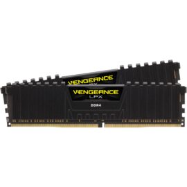 Das Bild zeigt zwei RAM-Module des Produkts 'DIMM 16 GB DDR4-3000 (2x 8 GB) Dual-Kit | Arbeitsspeicher'. Es handelt sich um schwarze RAM-Sticks mit Kühlrippen und dem Aufdruck "VENGEANCE LPX DDR4". Der Zweck des Bildes ist es, das Design und die physische Beschaffenheit des Arbeitsspeichers zu präsentieren.