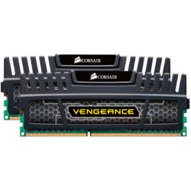 Das Bild zeigt einen Corsair Vengeance Black Series 8 GB DDR3-1600 Dual-Kit Arbeitsspeicher, bestehend aus zwei 4-GB-RAM-Modulen. Die Module sind mit einem schwarzen Heatspreader ausgestattet, der zur Kühlung beiträgt und auf dem das Corsair-Logo sowie die Produktbezeichnung "Vengeance" in Gelb hervorgehoben sind. Der Zweck des Bildes ist es, das Design und die physischen Eigenschaften des Arbeitsspeichers darzustellen, typischerweise für Werbung oder zum Verkauf auf einer Online-Handelsplattform.