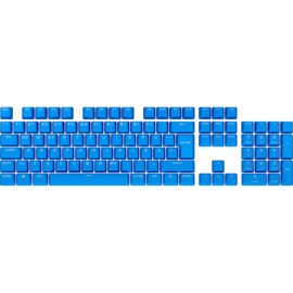 Das Bild zeigt das PBT DOUBLE-SHOT PRO Tastenkappen-Mod-Kit, angeordnet in einem standardmäßigen Tastaturlayout. Das Kit enthält vollständige Sets von Tastenkappen in leuchtend blauer Farbe mit doppelt gespritzter Konstruktion, sichtbar nummeriert und beschriftet für eine übliche PC-Tastaturanordnung, einschließlich Funktionstasten, Steuerungstasten, Nummernblock und Pfeiltasten. Das Bild dient zur Präsentation des Designs und der Vollständigkeit des Tastenkappen-Sets für potenzielle Käufer.