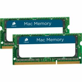 Das Bild zeigt zwei SO-DIMM 16 GB DDR3-1333 Arbeitsspeicher-Module, speziell für die Verwendung in Mac Computern konzipiert und von Corsair hergestellt. Es dient dazu, dem Betrachter das spezifische Design und die Form des Arbeitsspeichers zu präsentieren, sodass Interessenten erkennen können, ob diese Module für die Aufrüstung ihres eigenen Macs kompatibel sind.