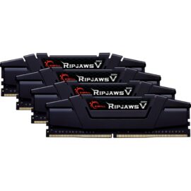 Das Bild zeigt ein Quartett von G.Skill Ripjaws V DDR4-3600 RAM-Modulen mit einer Gesamtkapazität von 128 GB, aufgeteilt in vier 32 GB Module, die für den Einsatz in Computern zur Speichererweiterung gedacht sind. Die Module sind schwarz mit roten Akzenten am Kühlkörper und weißen Schriftzügen, die das Design und die Marke hervorheben.