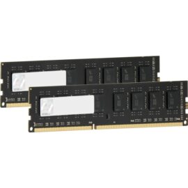 Das Bild zeigt zwei Modulstreifen des DIMM 16 GB DDR3-1333 Arbeitsspeichers im Dual-Kit Format. Diese RAM-Module sind dazu konzipiert, in Computersystemen zur Erweiterung des Arbeitsspeichers eingesetzt zu werden, was zu einer Verbesserung der Leistung führen kann. Die abgebildeten Module haben eine Kapazität von insgesamt 16 GB, aufgeteilt auf zwei 8-GB-Riegel, und eine Taktrate von 1333 MHz, was für die Kompatibilität mit entsprechenden Mainboards relevant ist.