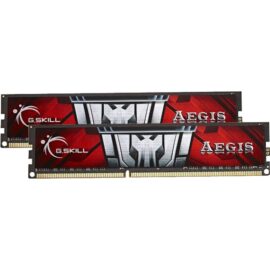 Das Bild zeigt zwei RAM-Module des Produkts 'DIMM 16 GB DDR3-1600 (2x 8 GB) Dual-Kit, Arbeitsspeicher' von G.Skill. Auf den Modulen ist das Aegis-Logo und der Markenname deutlich zu sehen. Der Zweck des Bildes ist es, das Design und die Marke des Arbeitsspeichers darzustellen, sodass Kunden sie erkennen und sich mit dem Aussehen vertraut machen können.