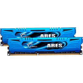 Das Bild zeigt zwei blaue G.Skill Ares DDR3-Arbeitsspeicher-Module mit einer Kapazität von je 8 GB, die insgesamt 16 GB Dual-Channel-Speicher bilden. Sie sind für den Einsatz in PCs konzipiert, um die Systemleistung zu verbessern.