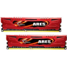 Das Bild zeigt zwei identische RAM-Module des G.Skill Ares 16GB Kit DDR3-2133 CL11 (F3-2133C11D-16GAR) Dual-Channel-Kits. Die Module sind rot mit einem markanten Design und dem G.Skill Ares Branding darauf. Sie sind dafür konzipiert, in die RAM-Steckplätze eines Motherboards eingesteckt zu werden, um die Arbeitsspeicherkapazität des Computers zu erhöhen.