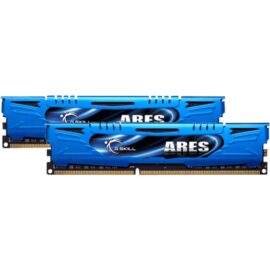 Das Bild zeigt zwei Module des Arbeitsspeichers G.Skill Ares Serie, ein Dual-Kit mit insgesamt 16 GB DDR3-2133 Speicher (2x 8 GB). Die blauen Kühlkörper sind mit dem Schriftzug "ARES" versehen und oberhalb befindet sich das G.Skill Logo. Der Zweck des Bildes ist es, das Design und die physische Beschaffenheit des Arbeitsspeichers darzustellen, typischerweise für Produktinformationen oder Verkaufsangebote.