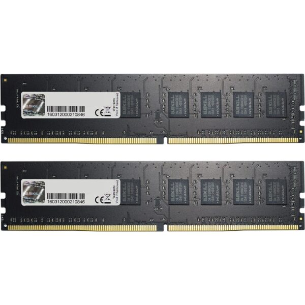 Das Bild zeigt zwei RAM-Module aus dem Arbeitsspeicher-Kit DIMM 16 GB DDR4-2666 (2x 8 GB) Dual-Kit. Die Module sind auf einer ebenen Fläche nebeneinander platziert und bieten einen klaren Blick auf die integrierten Schaltkreise und die Kontaktleisten, die für den Einbau in einen kompatiblen Speichersteckplatz eines Computers bestimmt sind. Dieses Bild wird typischerweise verwendet, um die genaue Bauform und das Design dieser spezifischen RAM-Module zu präsentieren und potenziellen Käufern beim Online-Einkauf oder zur Information zu dienen.