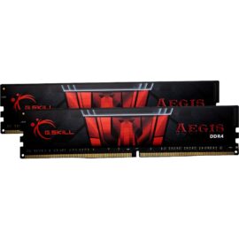 Das Produktbild zeigt zwei RAM-Module des Typs 'DIMM 16 GB DDR4-3000 (2x 8 GB) Dual-Kit'. Die Speichermodule sind mit einem schwarz-roten Kühlkörper ausgestattet, der das Firmenlogo von G.Skill und die Produktbezeichnung "AEGIS DDR4" trägt. Die Darstellung dient dazu, Design, Markenzugehörigkeit und Typ des Arbeitsspeichers zu präsentieren.