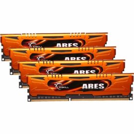 Das Bild zeigt vier Module des Produkts 'DIMM 32 GB DDR3-1600 (4x 8 GB) Quad-Kit, Arbeitsspeicher'. Die Arbeitsspeicherriegel sind orange gefärbt und haben Kühlkörper mit dem Logo und Schriftzug 'ARES' von G.SKILL. Die Module sind für den Einsatz in Computern konzipiert, um die Speicherkapazität zu erweitern und die Systemleistung zu verbessern.