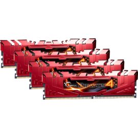 Das Bild zeigt vier Module des G.Skill Ripjaws 4 Series F4-2666C15Q-32GRR 32GB DDR4-2666 Quad-Kit Arbeitsspeichers. Die roten Heatspreader mit der Aufschrift "Ripjaws 4" und das G.Skill-Logo sind deutlich sichtbar. Die Module sind für Computer optimiert und dienen dazu, die Systemleistung durch Erhöhung der verfügbaren RAM-Kapazität zu steigern.