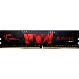 Das Bild zeigt einen DIMM 8 GB DDR4-2666 Arbeitsspeicher von G.Skill aus der Aegis-Serie. Das Speichermodul verfügt über ein schwarzes PCB mit einem rot-schwarzen Heatspreader und der Aufschrift 'AEGIS DDR4'. Auf dem Modul ist ebenfalls das G.Skill-Logo abgebildet. Der Arbeitsspeicher wird verwendet, um einem Computer zusätzlichen oder schnelleren RAM für verbesserte Performance zur Verfügung zu stellen.