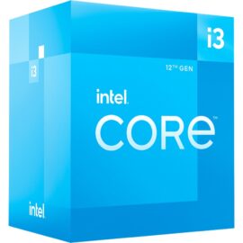 Das Bild zeigt die Verpackung des Core™ i3-12100F Prozessors von Intel. Die Box ist in einem markanten Blauton gehalten, mit dem Intel-Logo und der Aufschrift "CORE i3" sowie der Kennzeichnung "12TH GEN", die die Zugehörigkeit zur 12. Generation von Intels Core-Prozessorlinie hervorhebt. Der Zweck des Bildes ist es, das Produkt selbst visuell darzustellen und für potenzielle Käufer oder Interessenten identifizierbar zu machen.