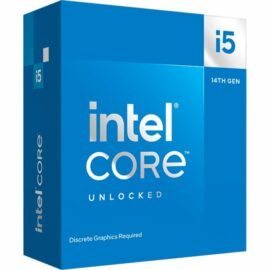 Das Bild zeigt die Verpackung des Intel Core i5-14600KF Prozessors der 14. Generation. Die Verpackung ist hauptsächlich blau mit einem großen "i5" Logo oben rechts, dem Intel Core-Logo in der Mitte und der Kennzeichnung "UNLOCKED" darunter, was darauf hinweist, dass der Prozessor übertaktbar ist. Unten rechts steht "Discrete Graphics Required", was bedeutet, dass eine separate Grafikkarte für die Nutzung des Prozessors erforderlich ist. Das Ziel des Bildes ist es, den Prozessor in seiner Einzelhandelsverpackung zu präsentieren, typischerweise für Werbe- oder Verkaufszwecke.