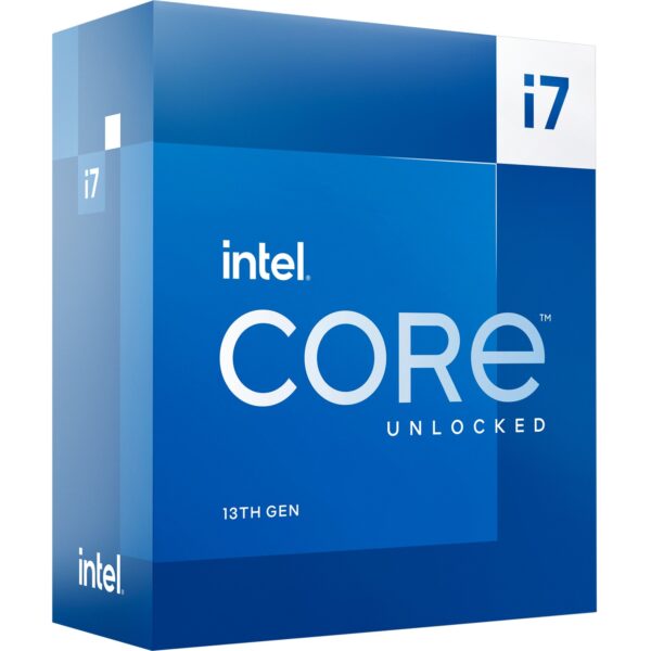 Das Bild zeigt die Retail-Verpackung des Prozessors 'Intel® Core™ i7-13700KF'. Es handelt sich hierbei um eine blaue Box mit dem Intel-Logo, der Aufschrift "CORE" und dem Zusatz "UNLOCKED" sowie der Kennzeichnung "13TH GEN", welches darauf hinweist, dass es sich um ein Produkt der 13. Generation der Intel Core Prozessorserie handelt. Das Bild dient dazu, das äußere Erscheinungsbild des Produktes zu präsentieren, vermutlich im Rahmen einer Produktvorstellung oder eines Tests.