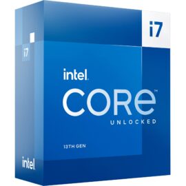 Das Bild zeigt die Verpackung des Intel Core i7-13700K Prozessors, ein Hochleistungs-Desktop-CPU aus der 13. Generation der Core-Serie. Die blaue Box präsentiert prominent das Intel-Logo, den Namen des Core i7-Prozessors und das "Unlocked" Kennzeichen, welches darauf hinweist, dass der Prozessor über einen freien Multiplikator für Overclocking verfügt.