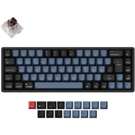 Das Bild zeigt die K6 Pro Gaming-Tastatur in der Draufsicht, die eine kompakte, mechanische Tastatur mit dunklen Tastenkappen und einer blauen Hintergrundbeleuchtung ist. Zusätzlich sind alternative Tastenkappen und ein einzelner Tastenschalter abgebildet, um die Anpassungsmöglichkeiten des Produktes zu demonstrieren.