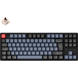 Das Bild zeigt die "K8 Pro | Gaming-Tastatur" in Draufsicht, die eine kompakte, mechanische Tastatur mit hintergrundbeleuchteten Tasten und einem einzelnen, auffälligen roten Escape-Key darstellt. Auf der linken oberen Ecke des Bildes ist ein herausgenommener Tastatur-Schalter abgebildet, um die Art des mechanischen Schalters der Tastatur zu demonstrieren. Die Tastatur ist für die Verwendung an Computern zum Spielen und Tippen konzipiert.