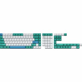 Ein Set von OEM Dye-Sub PBT Full Keycaps mit dem Designnamen 'Iceberg', das durch eine Kombination von Weiß- und Türkistönen sowie klare Beschriftungen für eine ästhetische und lesbare Darstellung der Tasten sorgt. Das Bild dient dazu, die gesamte Bandbreite und das Layout der Keycaps zu präsentieren, einschließlich aller Spezialtasten und zusätzlicher Tastenkappen, die mit dem Set geliefert werden.