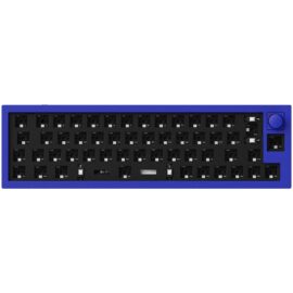 Die Keychron Q9 Barebone ISO Knob Gaming-Tastatur ohne Tastenkappen, um das Layout und die mechanischen Schalter zu zeigen. Ein Drehknopf befindet sich am oberen rechten Rand. Die Tastatur ist in einem auffälligen Blauton gehalten und bietet eine übersichtliche Darstellung der Struktur und Bauweise des Produkts.