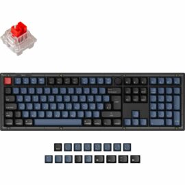 Das Bild zeigt die Keychron V6 Gaming-Tastatur in einer Draufsicht. Die Tastatur hat ein standardmäßiges QWERTY-Layout, ergänzt durch Funktions- und Multimedia-Tasten. Die Tastenkappen sind hauptsächlich in einem dunklen Farbton gehalten, mit einigen roten Akzenttasten. Ebenfalls sichtbar ist ein einzelner herausgehobener Schalter, wahrscheinlich um die Art der verwendeten Schalter zu demonstrieren. Unterhalb der Haupttastatur befindet sich eine Reihe zusätzlicher Tastenkappen, die für eine benutzerdefinierte Anpassung vorgesehen sind. Das Gesamtbild vermittelt einen detaillierten Überblick über das Design und die Anpassungsmöglichkeiten der Tastatur.