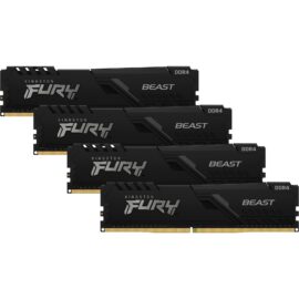 Vier RAM-Module des Produktes 'DIMM 128 GB DDR4-3200 (4x 32 GB) Quad-Kit | Arbeitsspeicher' von Kingston FURY Beast, angeordnet in einer abgestuften, überlappenden Anordnung, um sowohl das Design als auch die Kapazität und Typenspezifikation des Arbeitsspeichers zu demonstrieren.