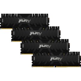 Das Bild zeigt vier RAM-Module des Kingston Fury Renegade 128GB (4x32GB) DDR4-3600 Quad-Kit Arbeitsspeichers. Jedes Modul hat einen schwarzen Kühlkörper mit der Aufschrift "Kingston FURY" und "RENEGADE", was auf den Produkttyp und das Modell hinweist. Der Zweck des Bildes ist die visuelle Präsentation des Produktes für potenzielle Käufer oder Interessenten, sodass sie das Design und die Markenbranding erkennen können.