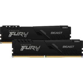 Das Bild zeigt zwei DDR4-3200 Arbeitsspeichermodule der Marke Kingston Fury Beast mit einer Gesamtkapazität von 64 GB, aufgeteilt in zwei 32-GB-Riegel. Diese Module werden üblicherweise verwendet, um die Speicherkapazität und Performance von Computern zu erweitern oder zu verbessern. Sie sind schwarz und tragen sowohl das Kingston Fury-Logo als auch die Bezeichnung "Beast", was auf eine Produktlinie hinweist, die sich an leistungsorientierte Nutzer richtet.