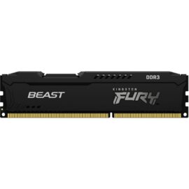 Das Bild zeigt einen Kingston FURY KF316C10BB/8 Arbeitsspeicher mit 8 GB DDR3-1600 in einem Modul. Es ist dazu gedacht, die Details und das Design des Arbeitsspeichermoduls zu präsentieren, einschließlich seiner schwarzen Kühlkörper und Beschriftung, die den Produktnamen und die Marke kennzeichnen. Das Speichermodul ist für den Einsatz in Computern bestimmt, um die Systemleistung zu steigern oder zu erweitern.