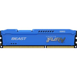 Das Bild zeigt einen Kingston Fury Beast Arbeitsspeicher mit einer Kapazität von 8 GB im DDR3-1600 Format. Der Arbeitsspeicher besitzt ein auffälliges, blau gefärbtes Kühlblech mit dem Schriftzug "BEAST" und dem Kingston Fury Logo. Der Zweck des Bildes ist es, das Produkt visuell darzustellen, wobei das Design und die Markenzeichen hervorgehoben werden, damit potentielle Käufer einen klaren Eindruck von dem Speichermodul erhalten.