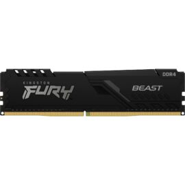 Das Bild zeigt einen 8 GB DDR4-2666 RAM Riegel aus der Kingston Fury Beast Serie. Auf dem Riegel ist das Kingston Fury Logo deutlich sichtbar, und er trägt die Bezeichnung "DDR4" sowie das Wort "BEAST", um die Produktlinie zu kennzeichnen. Der Zweck des Bildes ist es, das Design, das Aussehen und die spezifischen Merkmale des Kingston Fury KF426C16BB/8 Arbeitsspeichers zu präsentieren.