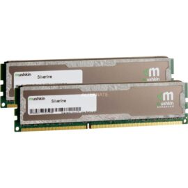 Das Bild zeigt zwei RAM-Module des Typs DIMM mit jeweils 8 GB Kapazität, die zusammen ein 16 GB DDR3-1333 Dual-Kit des Arbeitsspeichers von Mushkin Silverline bilden. Die Module sind für die Verwendung in kompatiblen Computern konzipiert, um die Speicherkapazität und Leistung zu erweitern oder zu ersetzen.