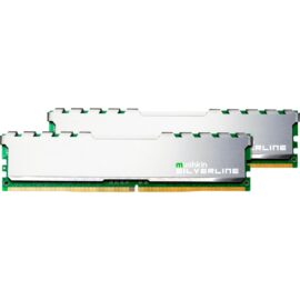 Das Bild zeigt zwei Module des Arbeitsspeichers DIMM 32 GB DDR4-2133 (2x 16 GB) Dual-Kit aus der Produktlinie Silverline von Mushkin. Diese Speichermodule sind als Hardware-Komponenten für Computer konzipiert, um die Arbeitsleistung des Systems zu erhöhen. Sie verfügen über einen DDR4-Standard mit einer Taktrate von 2133 MHz und werden üblicherweise in Desktop-PCs eingebaut, um bestehenden Speicher zu erweitern oder zu ersetzen.