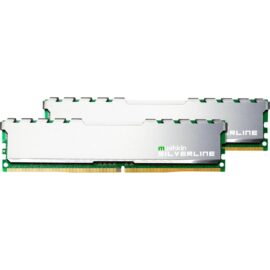 Das Bild zeigt zwei RAM-Module des Typs 'DIMM 32 GB DDR4-2666 (2x 16 GB) Dual-Kit' aus der Produktreihe Mushkin Silverline. Diese Speichermodule werden in Computern verwendet, um den Arbeitsspeicher zu erweitern oder zu ersetzen, und unterstützen Datenraten von 2666 MT/s. Auf jeder grünen Leiterplatte sind integrierte Schaltkreise und Kontaktstifte sichtbar, die eine Verbindung zum Mainboard eines Computers herstellen. Über den Schaltkreisen befindet sich jeweils ein silberfarbener Kühlkörper mit gezackter Oberseite, der zur Wärmeableitung dient.