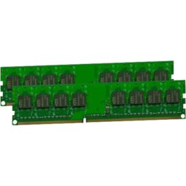 Das Bild zeigt zwei RAM-Module des Typs DIMM 4 GB DDR3-1066 im Dual-Kit, welche zum Arbeitsspeicher gehören. Jedes Modul besteht aus einer grünen Leiterplatte, auf der mehrere schwarze Speicherchips gleichmäßig verteilt sind. Diese Module werden in Computern verwendet, um die vom Prozessor benötigten Daten kurzfristig zu speichern und einen schnellen Zugriff darauf zu gewährleisten. Der Produkttitel ist im Bild eingeschlossen, was darauf hinweist, dass es sich um genau diese Spezifikation des Arbeitsspeichers handelt.