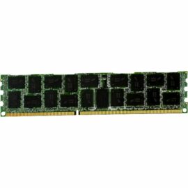 Das Bild zeigt ein DIMM 8 GB DDR3-1333 Arbeitsspeichermodul, erkennbar an den zahlreichen schwarzen Speicherchips auf einer grünen Platine mit goldenen Kontakten am unteren Rand. Der Arbeitsspeicher wird in einem Computerinstalliert, um die Menge des verfügbaren RAMs zu erhöhen, was die Leistung bei der Ausführung von Programmen und bei der Datenverarbeitung verbessern kann.