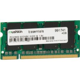 Das Bild zeigt einen SO-DIMM 4 GB DDR2-800 Arbeitsspeicher von Mushkin Essentials mit der Teilenummer 991741. Der RAM-Stick ist für den Einsatz in Laptops oder anderen Geräten mit einem entsprechenden SO-DIMM-Speicherslot vorgesehen und dient zur Erweiterung der Speicherkapazität. Auf dem Etikett stehen Details zu den technischen Spezifikationen des Speichers, einschließlich der Größe (4 GB), des Typs (PC2-6400 SO-DIMM), der Latenz (6-6-6-18) und der Betriebsspannung (1.8V), sowie ein Hinweis auf den Garantieverlust bei Entfernung des Labels.