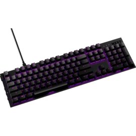 Das Bild zeigt die FUNCTION Gaming-Tastatur von NZXT in einer schrägen Draufsicht. Die Tastatur ist in Schwarz gehalten, mit hintergrundbeleuchteten Tasten, die in einem lila Farbton leuchten. Sie verfügt über ein vollständiges QWERTY-Layout mit nummerischem Tastenblock und mehreren Zusatztasten. Ein Kabel ist an der oberen Seite der Tastatur sichtbar, was darauf hinweist, dass es sich um ein verkabeltes Modell handelt. Das Bild dient dazu, das Design und die Beleuchtungsfunktionen des Produkts zu präsentieren.